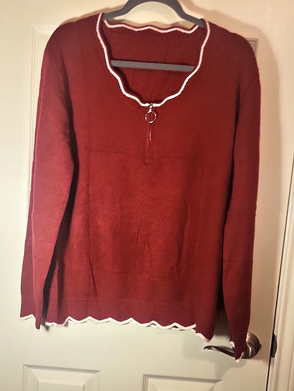 Simply Southern Scallop Plunge Pullover Red Zip Neck Sweater